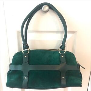 Ferragamo NWOT Spruce Green Suede East-West Handbag With Leather Straps, Accents